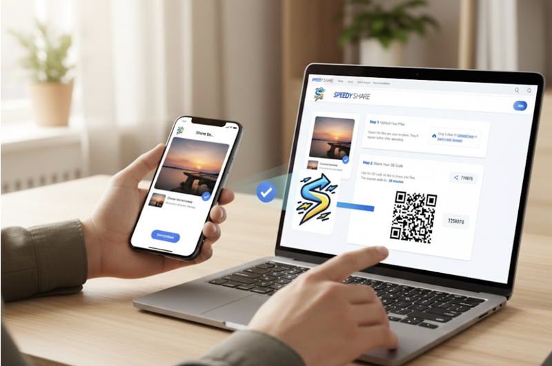 Android phone displaying SpeedyShare QR code connecting to MacBook Pro for wireless file transfer